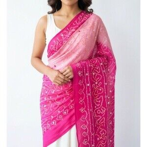 Silk Shawl Scarf Pink Magenta w/embellishments India Lightweight Wrap 87” long